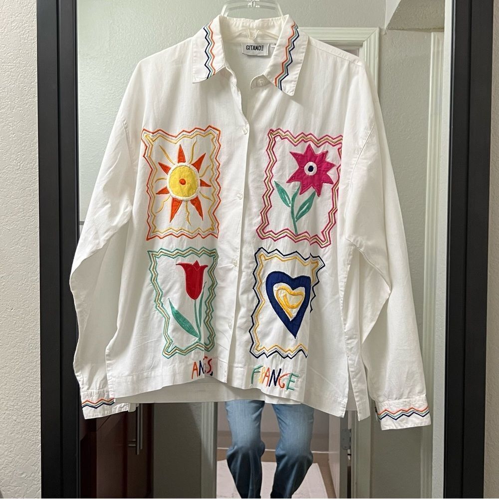 VTG 80s Gitano White Colorful Multicolored Embroidered Art France Tunic S